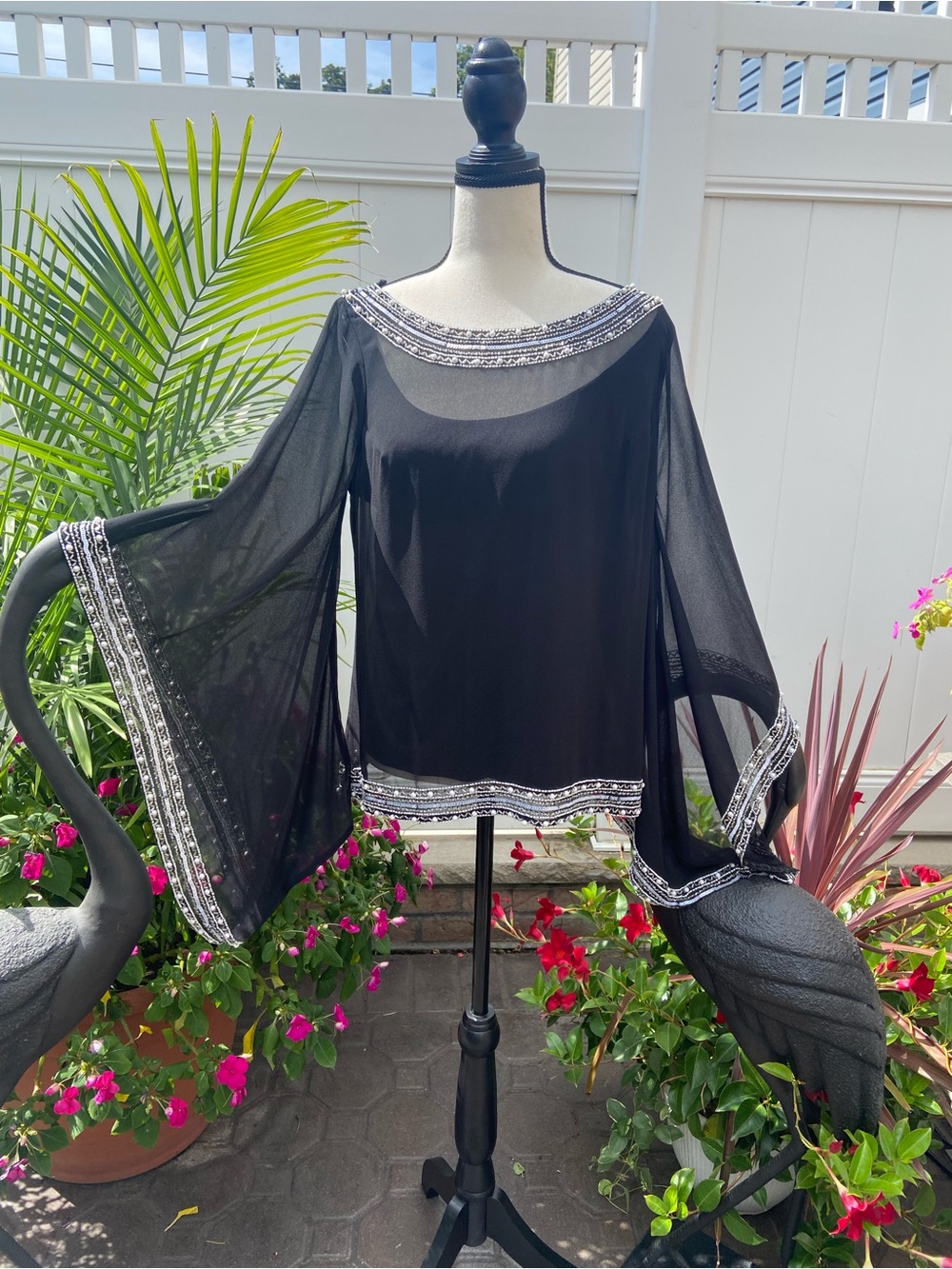 J Kara Black Sheer Bell Sleeve Top with Silver Trim
